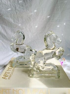 Heavy Clear Glass Vintage Rearing Horse Bookends